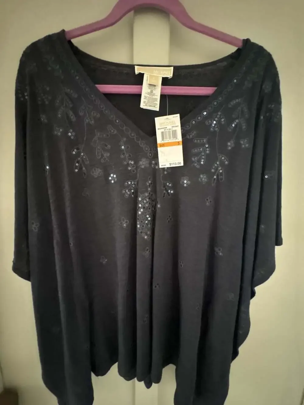 Michael Kors New Navy Embroidered Sequin V-Neck Linen Blend Caftan Top